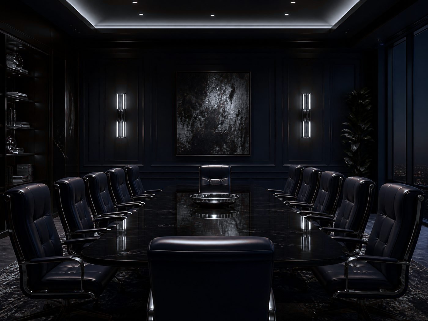 Sala de reuniões executiva em tons de azul-marinho e prata